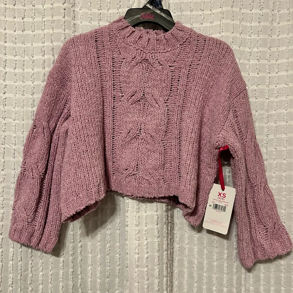 Justice Girl’s XS 5-6‎ Cable Knit Crop Sweater Purple NWT