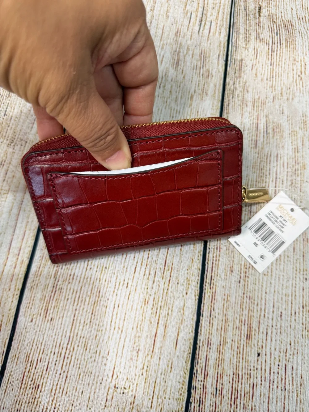 Michael Kors Croc-Embossed Zip Wallet in Burgundy with Gold Hardware
