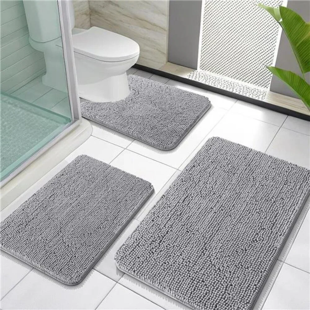 Chenille Bathroom Rug Set 3 Piece Soft Absorbent Quick Dry Bath Mats Grey