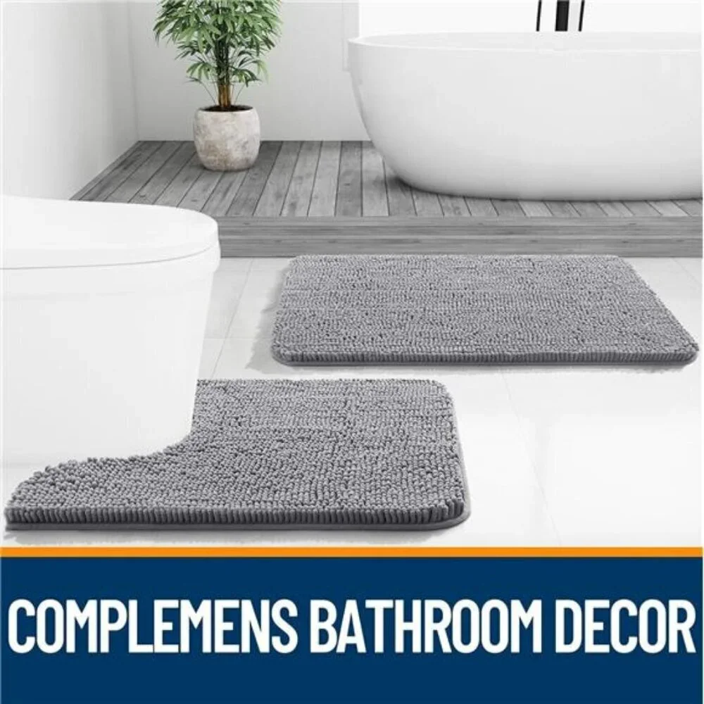 Chenille Bathroom Rug Set 3 Piece Soft Absorbent Quick Dry Bath Mats Grey