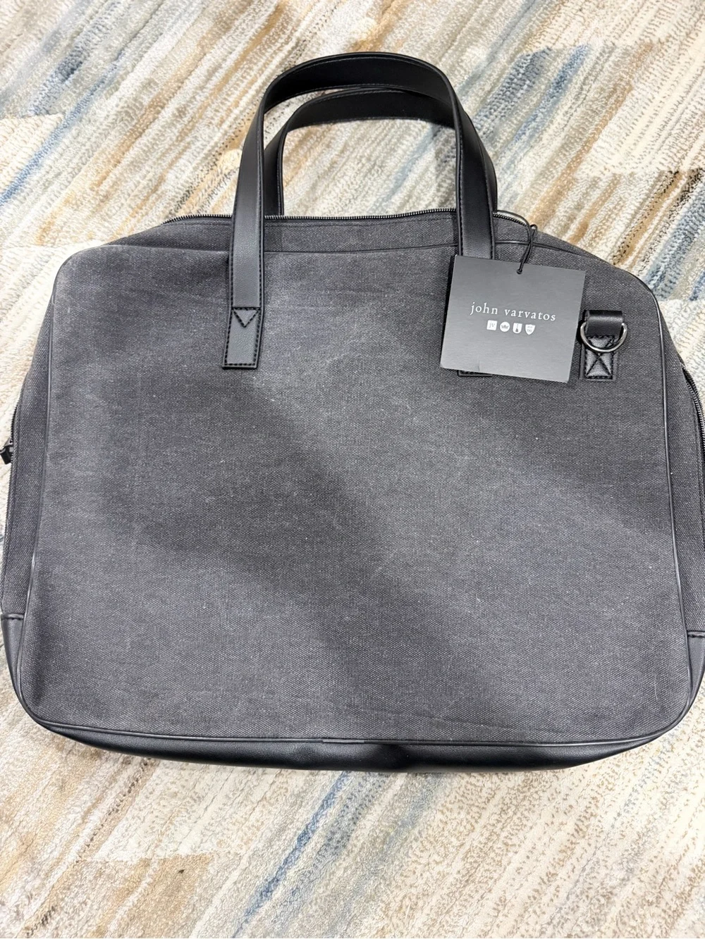 John Varvatos Black Canvas Laptop Briefcase with Black Leather Trim