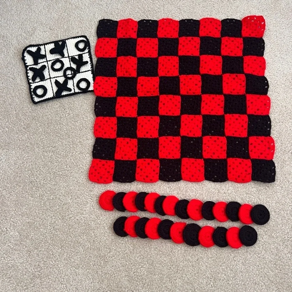 Vintage Handmade Crochet‎ Checkers and Tic Tac Toe Game Set - 2 in 1  Fun