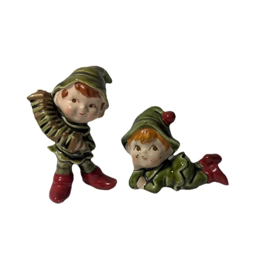 Vtg 2 Pc. Ceramic Pixie Santa Elf Music Christmas‎ Handpainted Figurine Japan 4