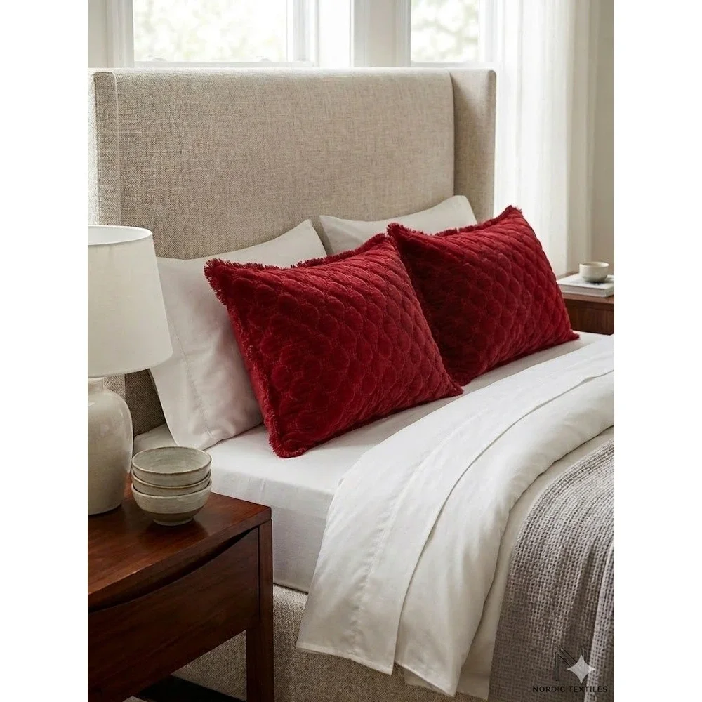 Pottery Barn Velvet Lattice Stitch Quilted Pillow Sham Red Cotton Standard 36x20