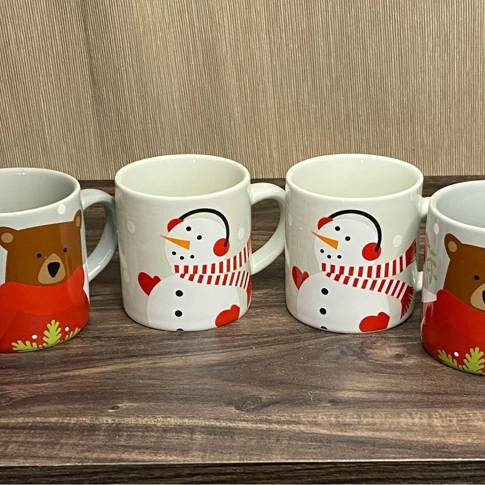 Crate & Barrell Festive Bear and Snowman Mug Set. Set of 4. Small. 8 ounce.