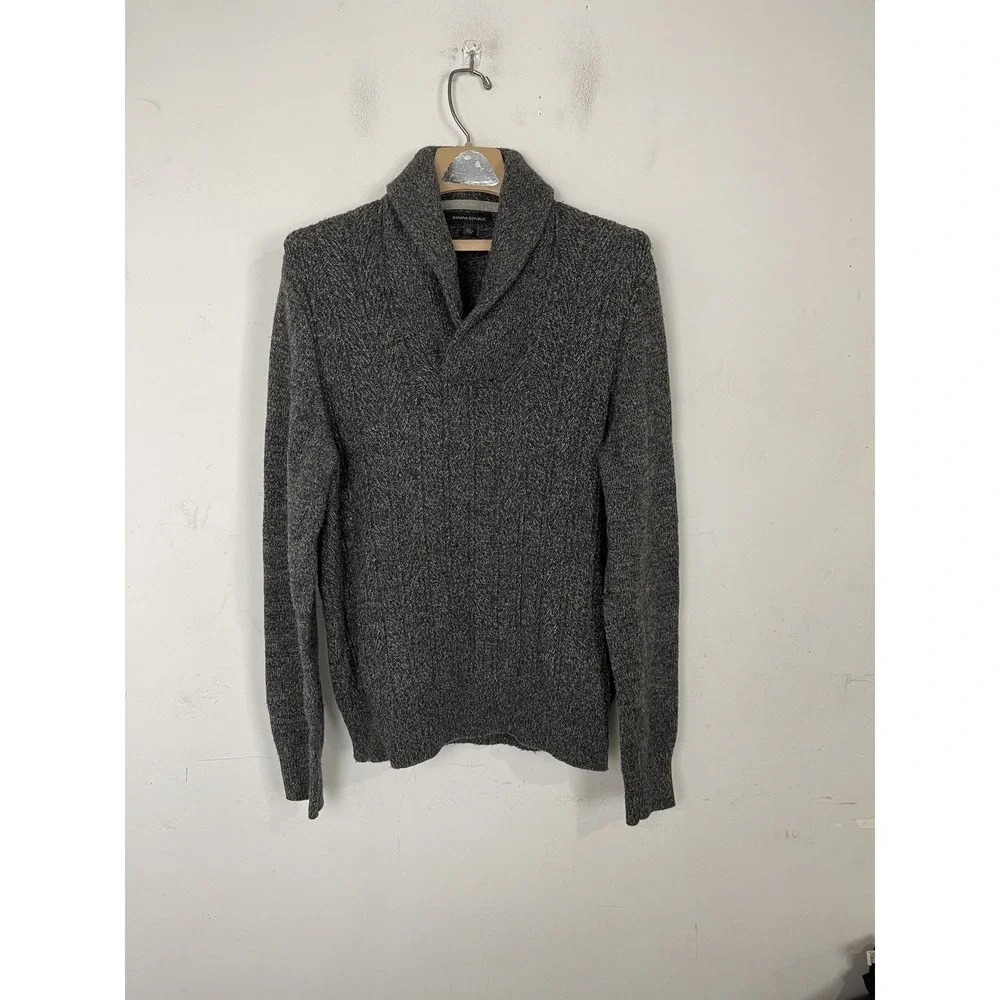 Banana Republic Mens Sweater Medium Gray‎ Lambswool Blend Shawl Collar Fisherman