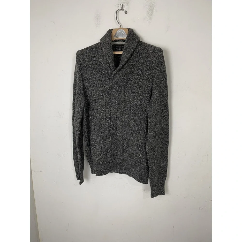 Banana Republic Mens Sweater Medium Gray‎ Lambswool Blend Shawl Collar Fisherman