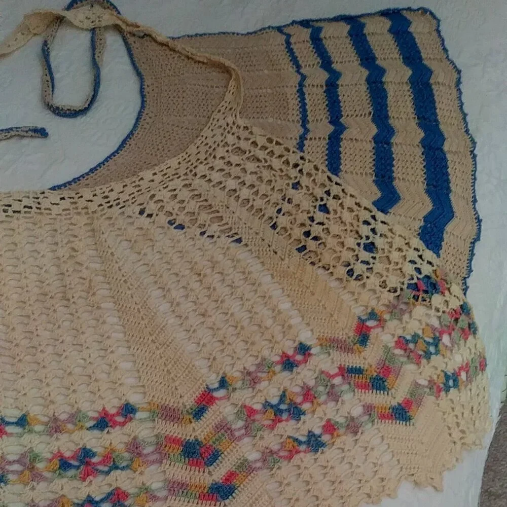 Vintage 1950s Hand Crocheted Hostess Half Aprons - Blue and White and Multicolor