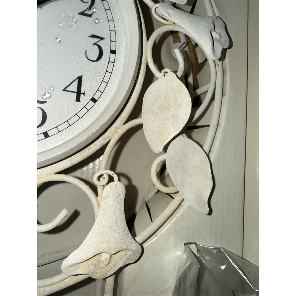 Vintage Clock hanging wall Metal Off White Pendulum Ivy Floral Cottage READ