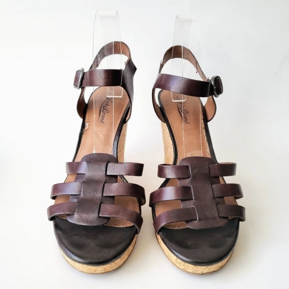 Lucky Brand Willows Cork Wedge Platform Huarache Sandal Brown Leather Size 10
