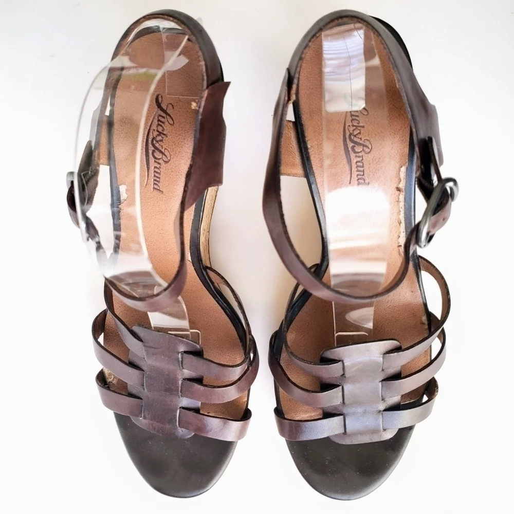 Lucky Brand Willows Cork Wedge Platform Huarache Sandal Brown Leather Size 10