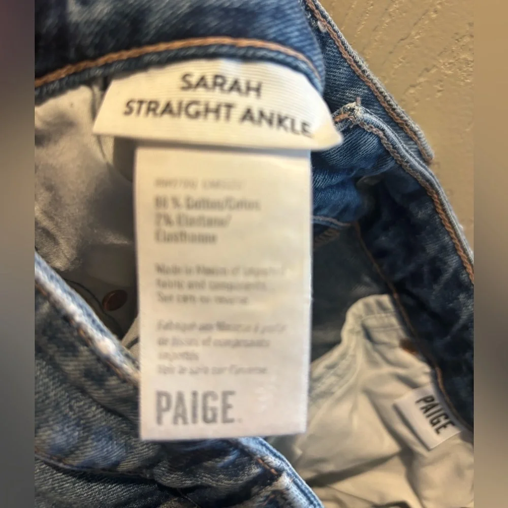 PAIGE Sarah Slim Straight Jeans Effortless Parisian Denim ripped and worn denim