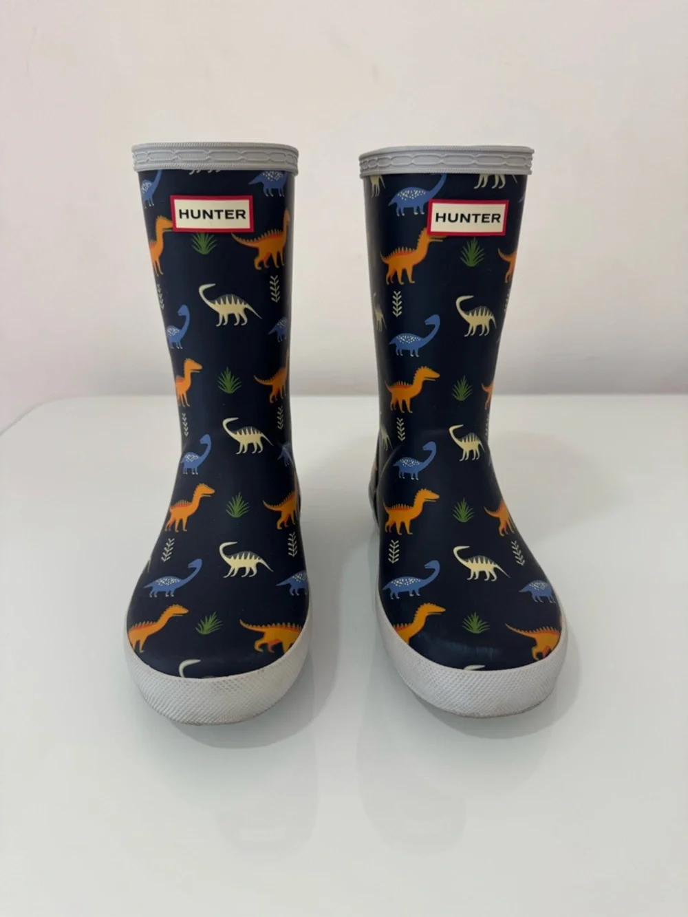 Hunter Kids Navy Rain Boots with Orange & Blue Dinosaurs, US Size 13