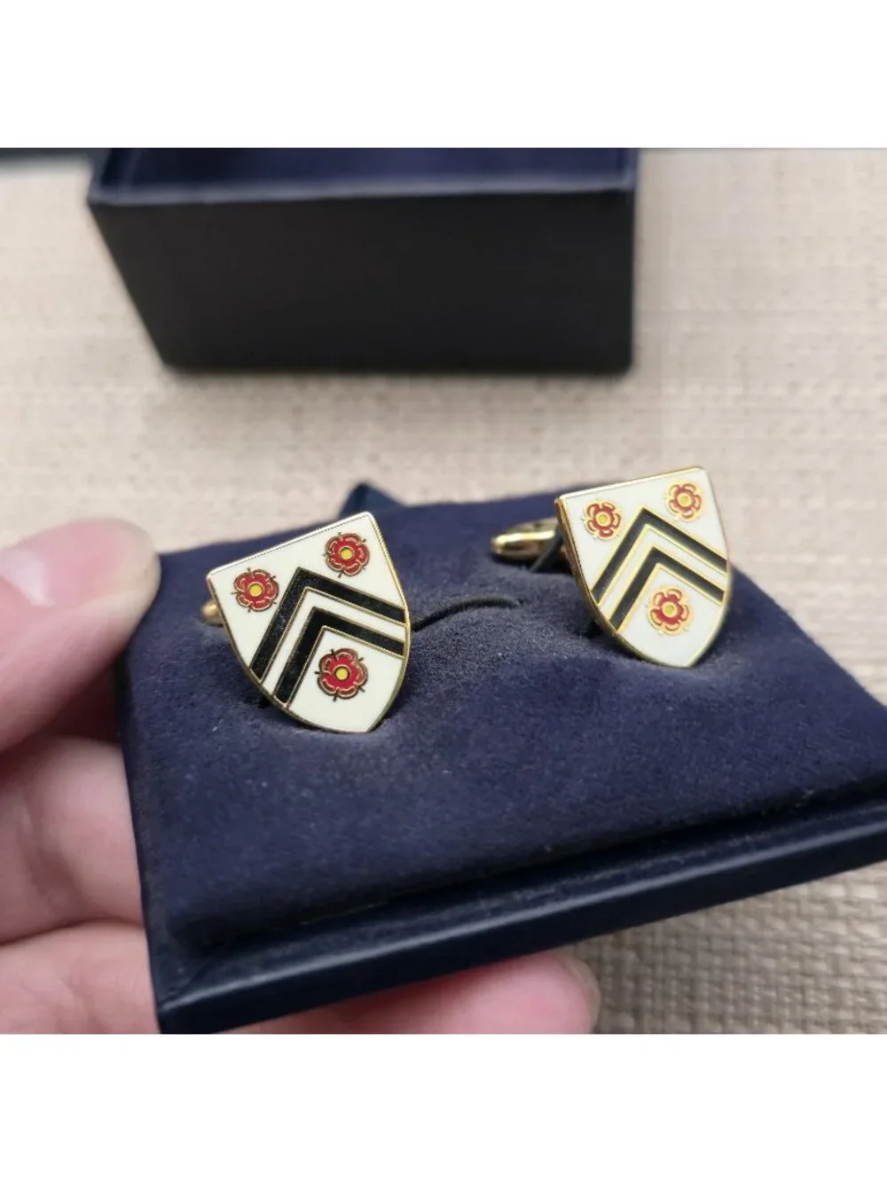 Men's Heraldic Shield Cufflinks | Gold and Cream Enamel Tudor Rose Insignia B132