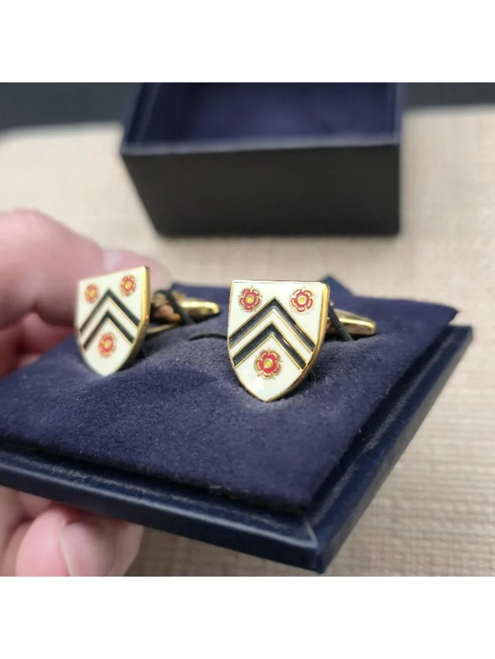 Men's Heraldic Shield Cufflinks | Gold and Cream Enamel Tudor Rose Insignia B132