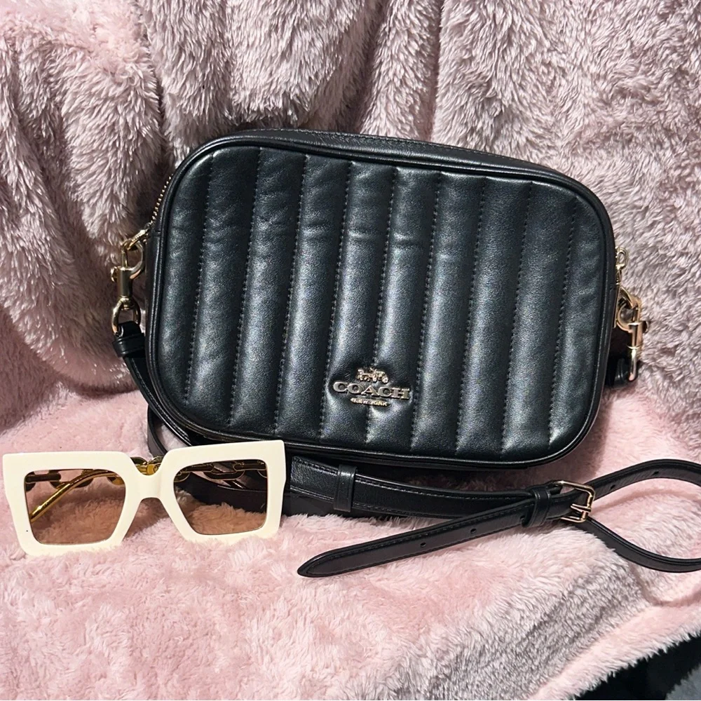 Coach Jes Quilted Camera Bag Black Leather Gold Hardware Crossbody Purse