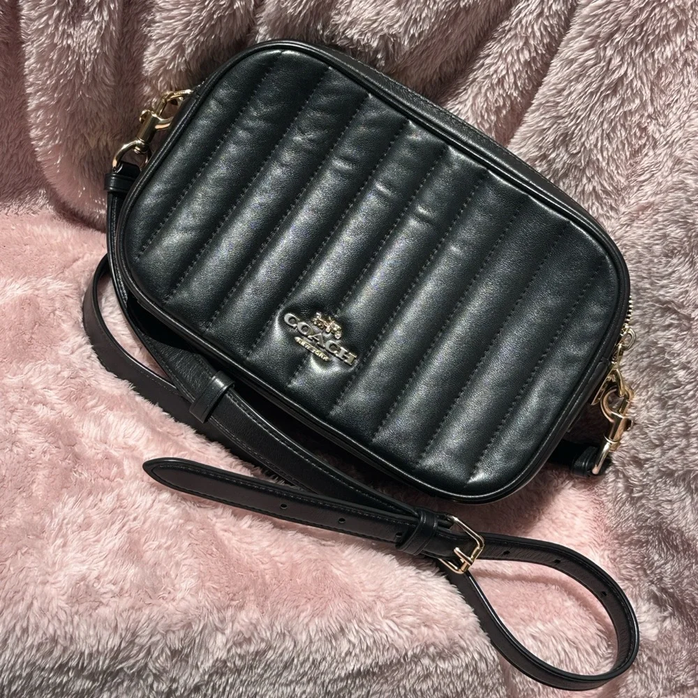 Coach Jes Quilted Camera Bag Black Leather Gold Hardware Crossbody Purse