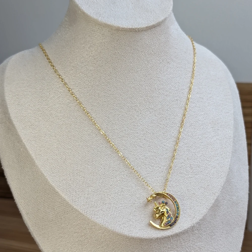 Unicorn princess Crescent moon rainbow rhinestone pendant necklace For Girls