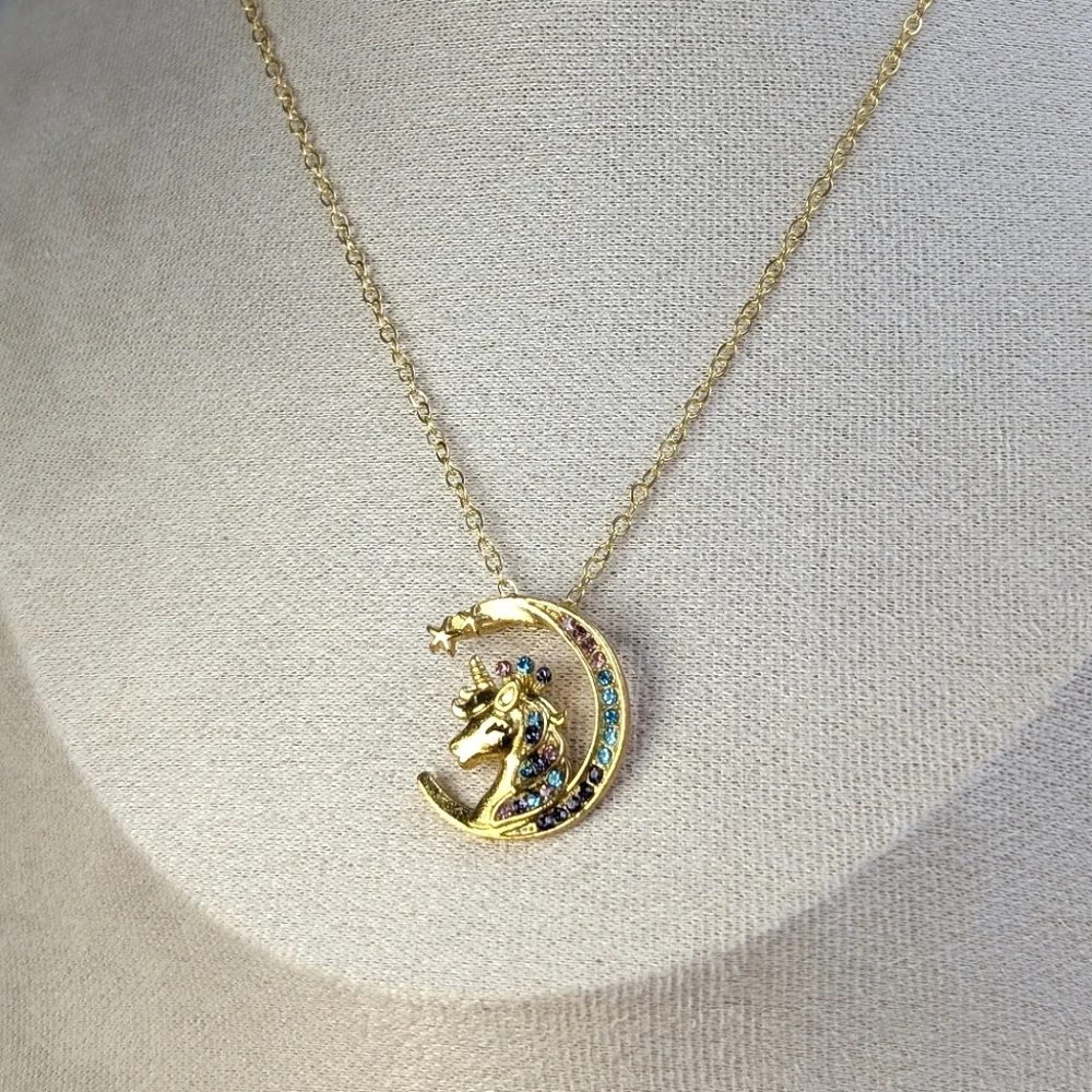 Unicorn princess Crescent moon rainbow rhinestone pendant necklace For Girls