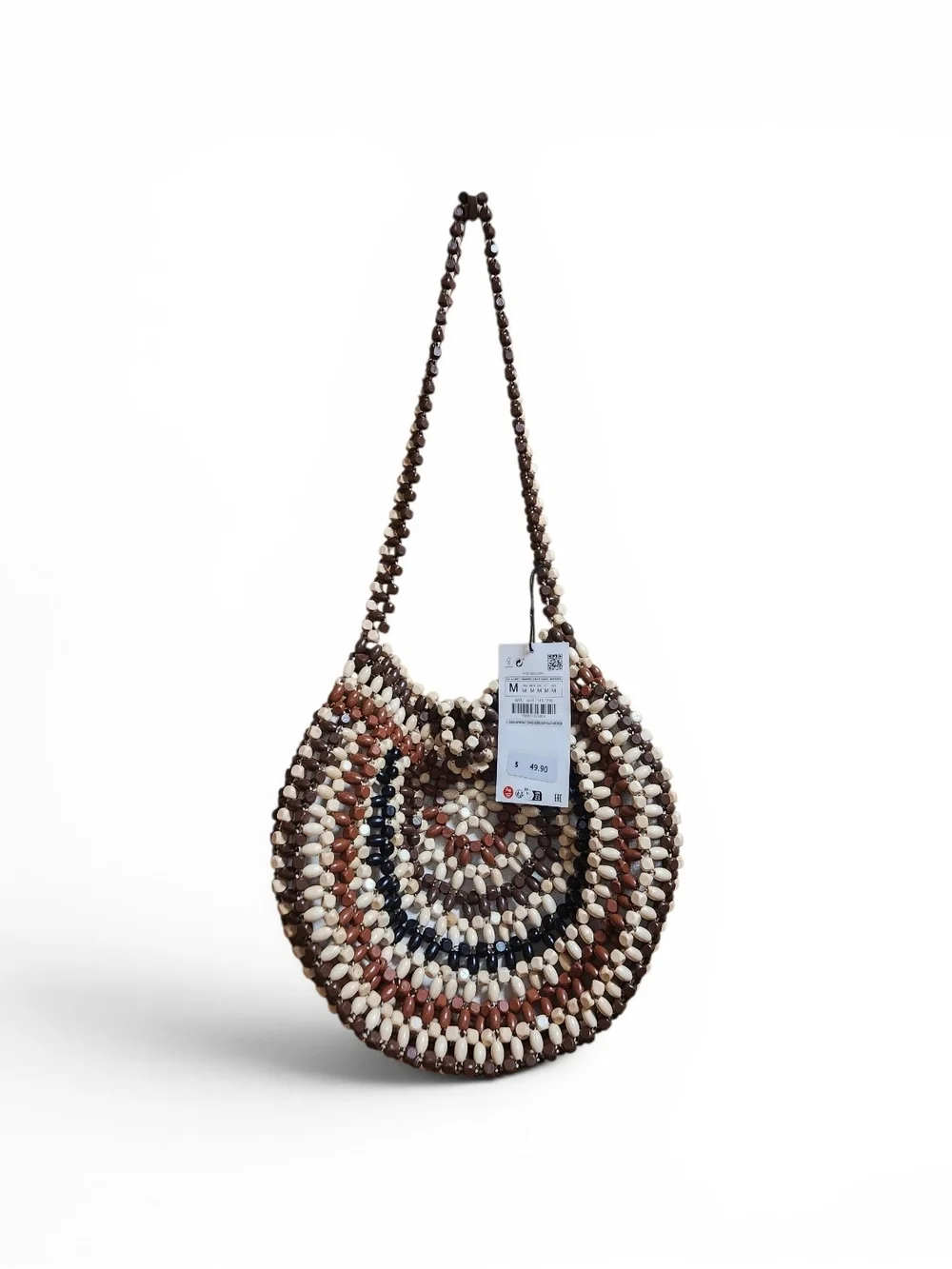 Zara Round Crescent Beaded Shoulder Bag in Brown, White and Black