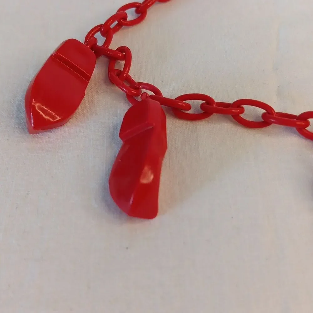 1930s-1940s Red Celluloid Clog Necklace Choker Plastic Whimsical 15in Red Shoes