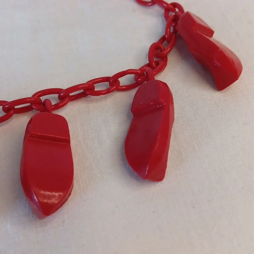 1930s-1940s Red Celluloid Clog Necklace Choker Plastic Whimsical 15in Red Shoes