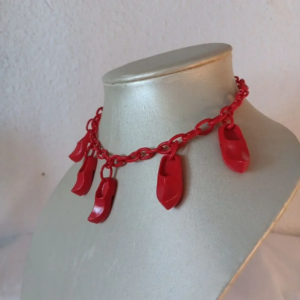 1930s-1940s Red Celluloid Clog Necklace Choker Plastic Whimsical 15in Red Shoes