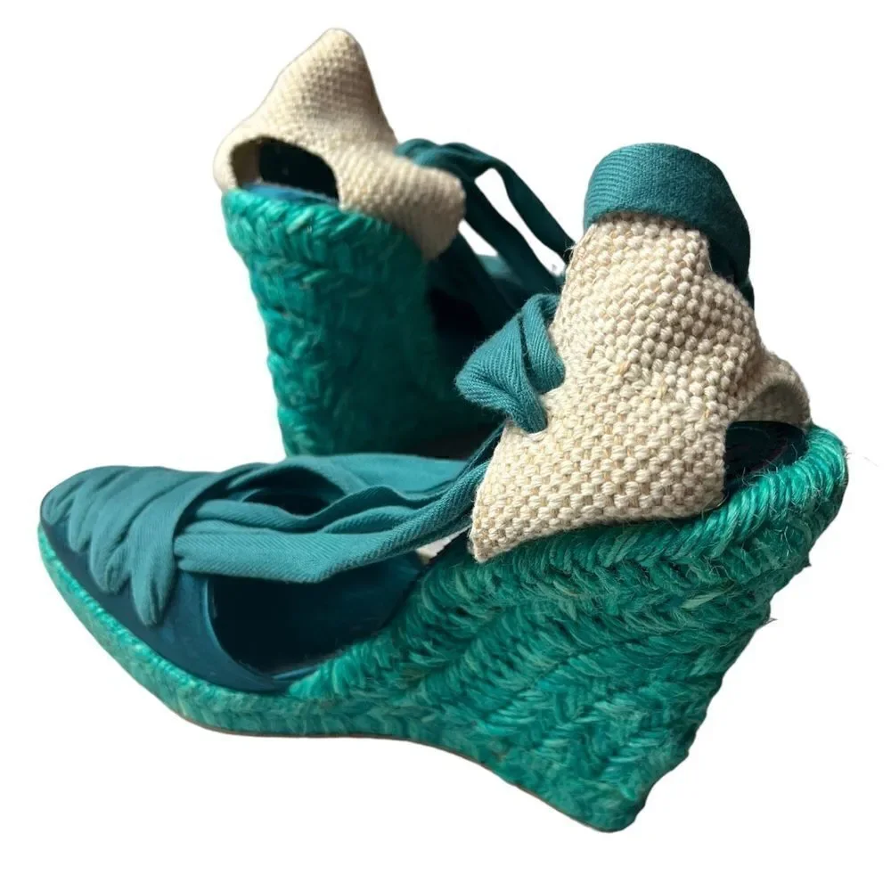 NWOT Emanuel Ungaro FAB Wedge Espadrilles in Teal Silk w/Sexy Lace-Up Design 8