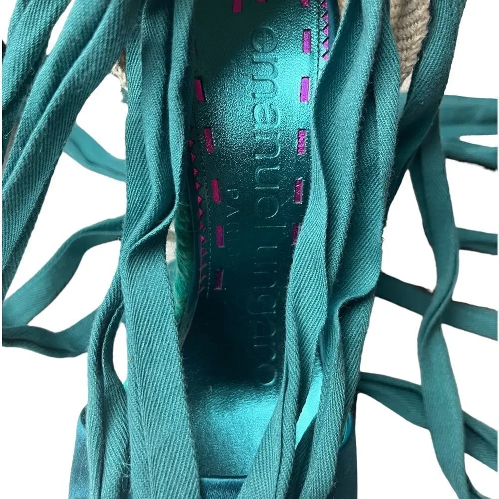 NWOT Emanuel Ungaro FAB Wedge Espadrilles in Teal Silk w/Sexy Lace-Up Design 8