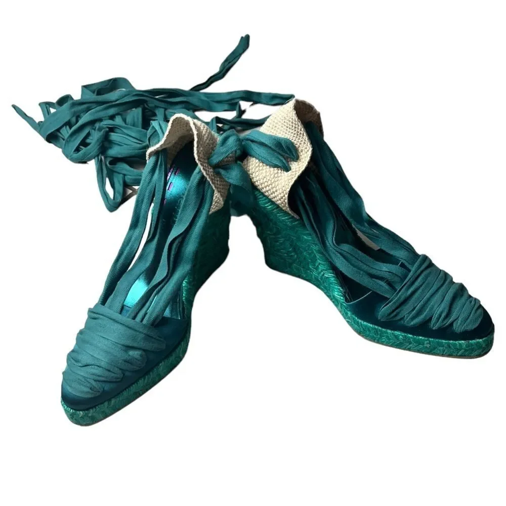 NWOT Emanuel Ungaro FAB Wedge Espadrilles in Teal Silk w/Sexy Lace-Up Design 8