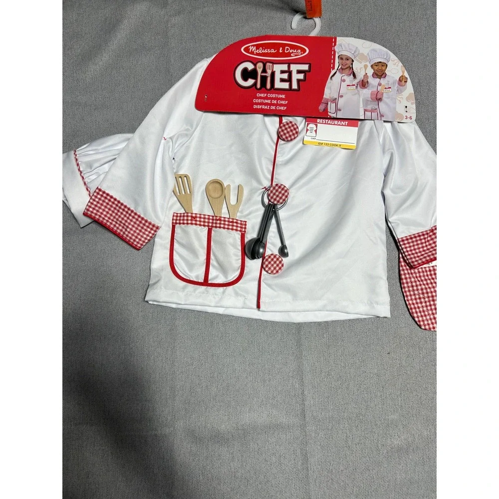 Melissa & Doug Chef Costume Kids Size 3-6 White Red Gingham Role Play Set‎