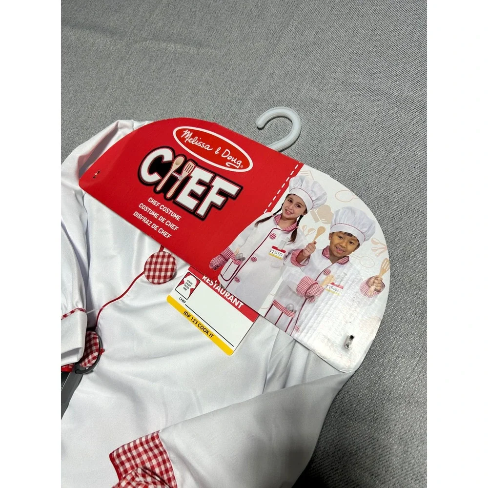 Melissa & Doug Chef Costume Kids Size 3-6 White Red Gingham Role Play Set‎