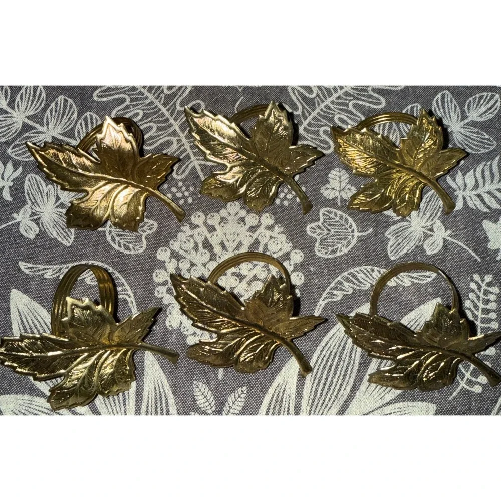 Vintage Gold Tone Maple Leaf Napkin Rings Set of 6 Autumn Thanksgiving Decor