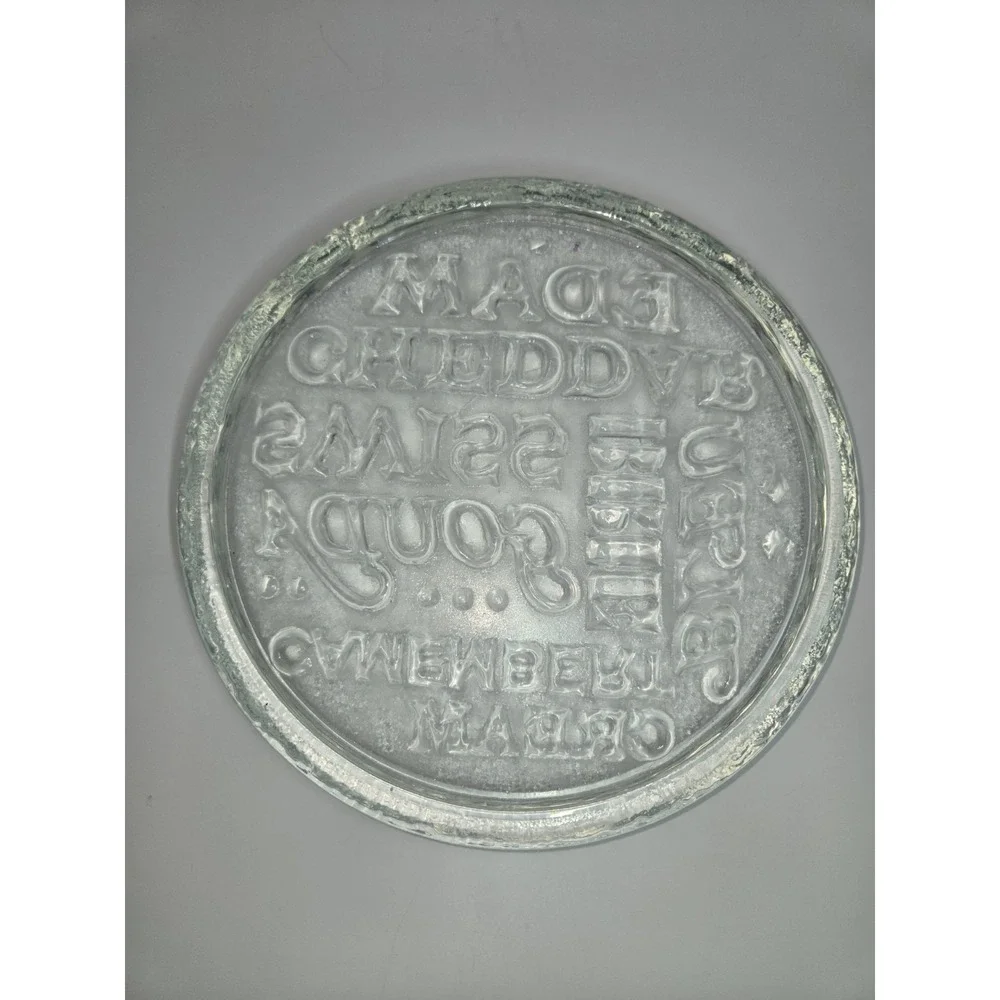 Clear Glass Cheese Varieties Round‎ Serve Cutting Board Embossed Mixed Font 11
