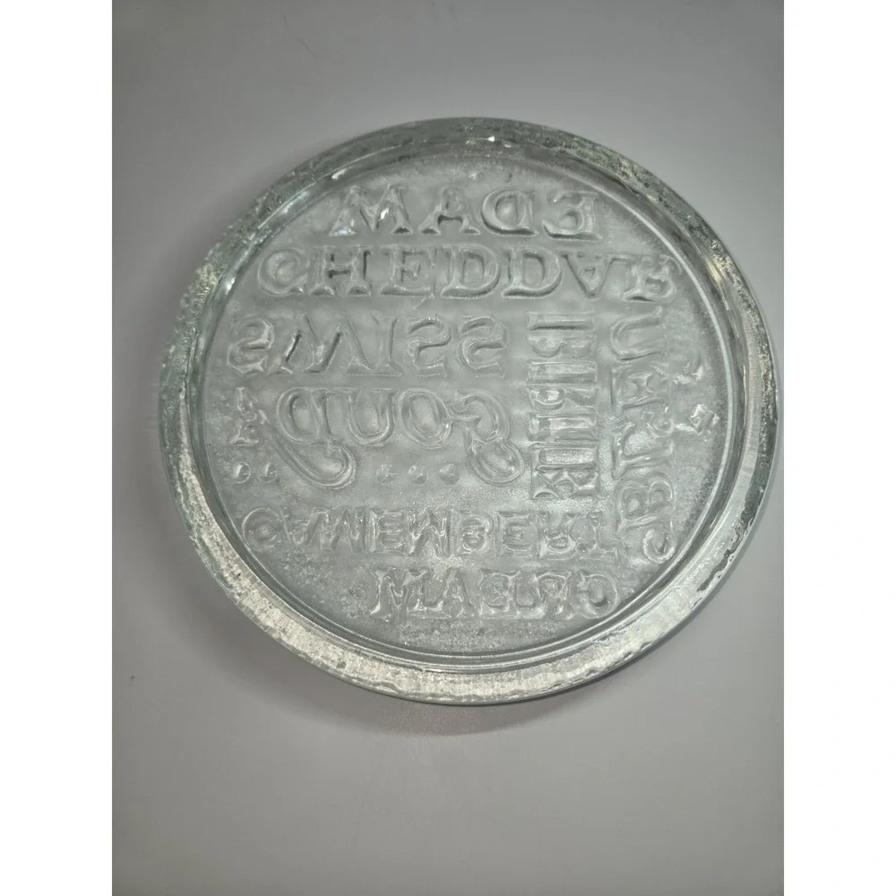 Clear Glass Cheese Varieties Round‎ Serve Cutting Board Embossed Mixed Font 11