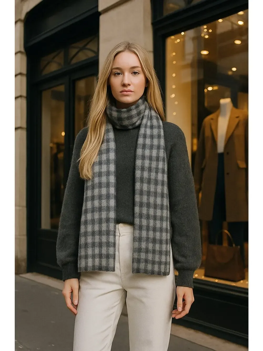 NWT Everlane Unisex The Alpaca Patterned Scarf Gray Buffalo Check One Size