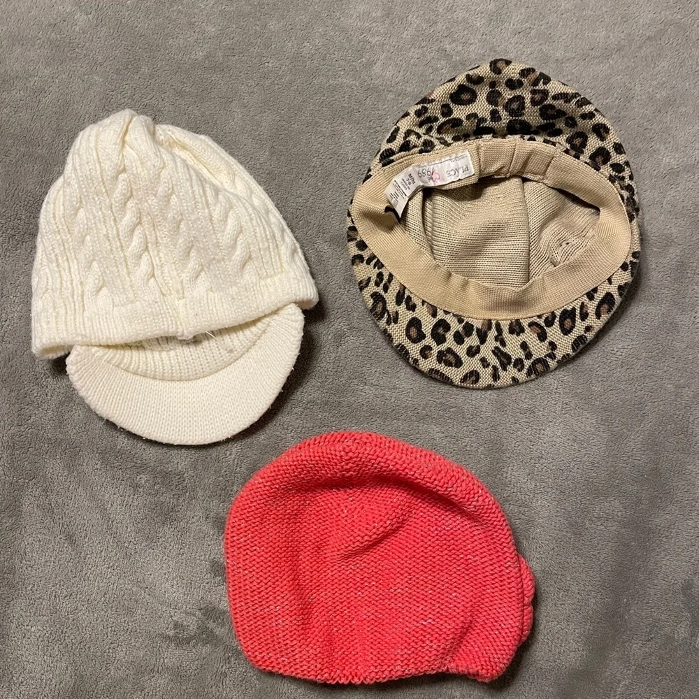 Girls Hat Beanie Set of 3 Size 4-8 Medium Large Coral Leopard Ivory Knitted