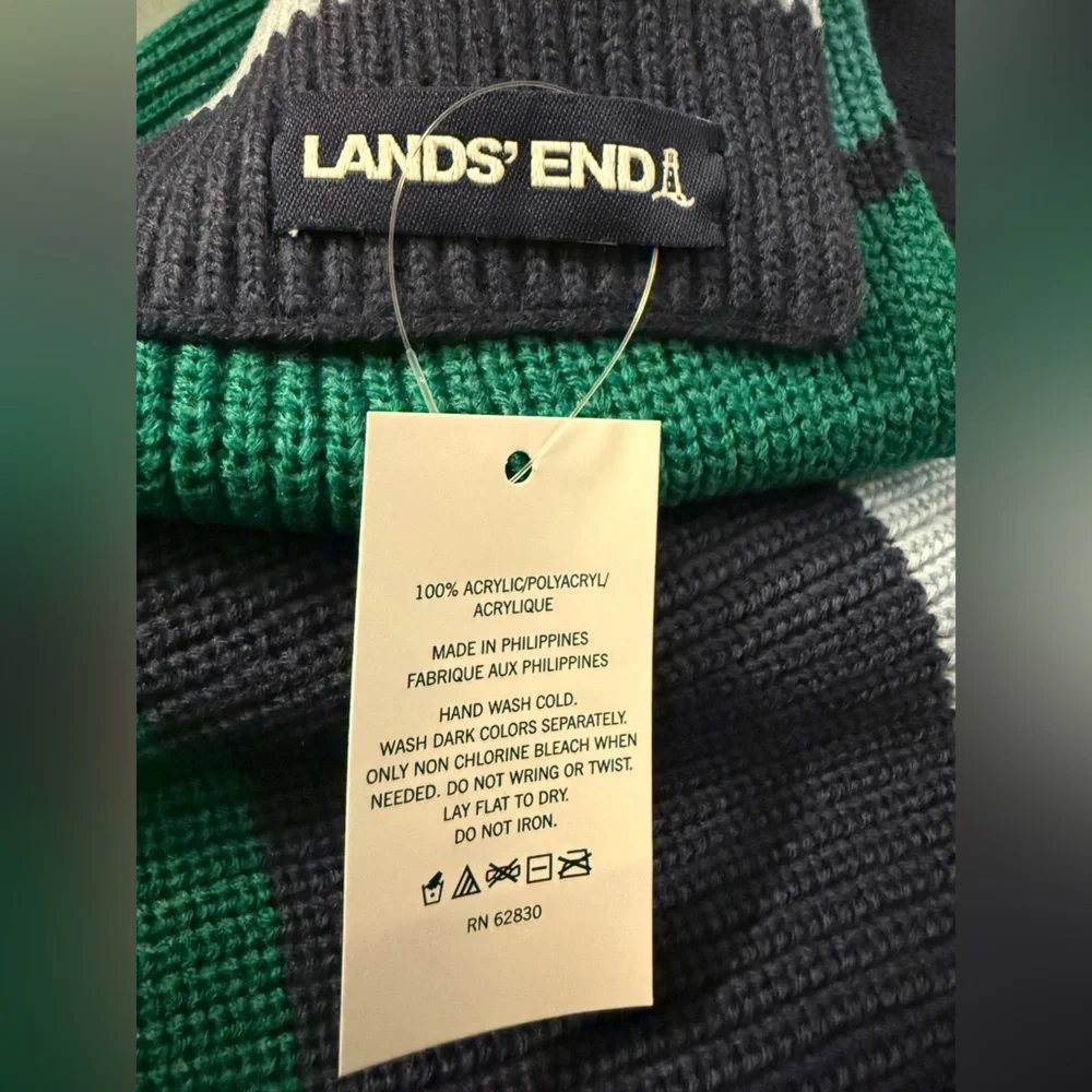 Land’s End Mens Scarf and Gloves Set in Deep Sea Navy Multi Stripe