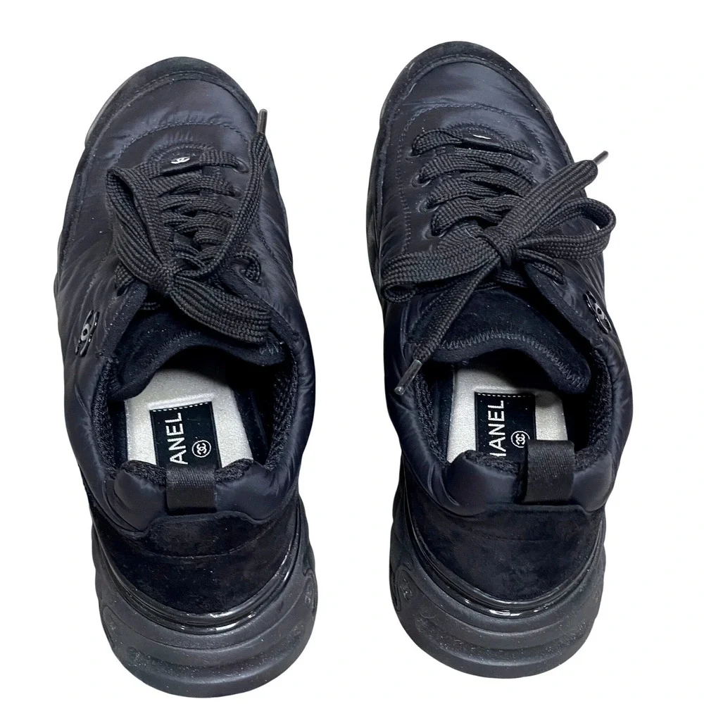 Chanel G38035‎ Black Nylon Suede Sneakers CC Logo Trainer Shoes EU 39 US 8.5