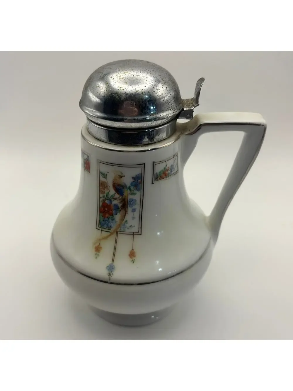 Royal Rochester Hand Painted Chocolate Pot Bird Floral Chrome Lid Vintage