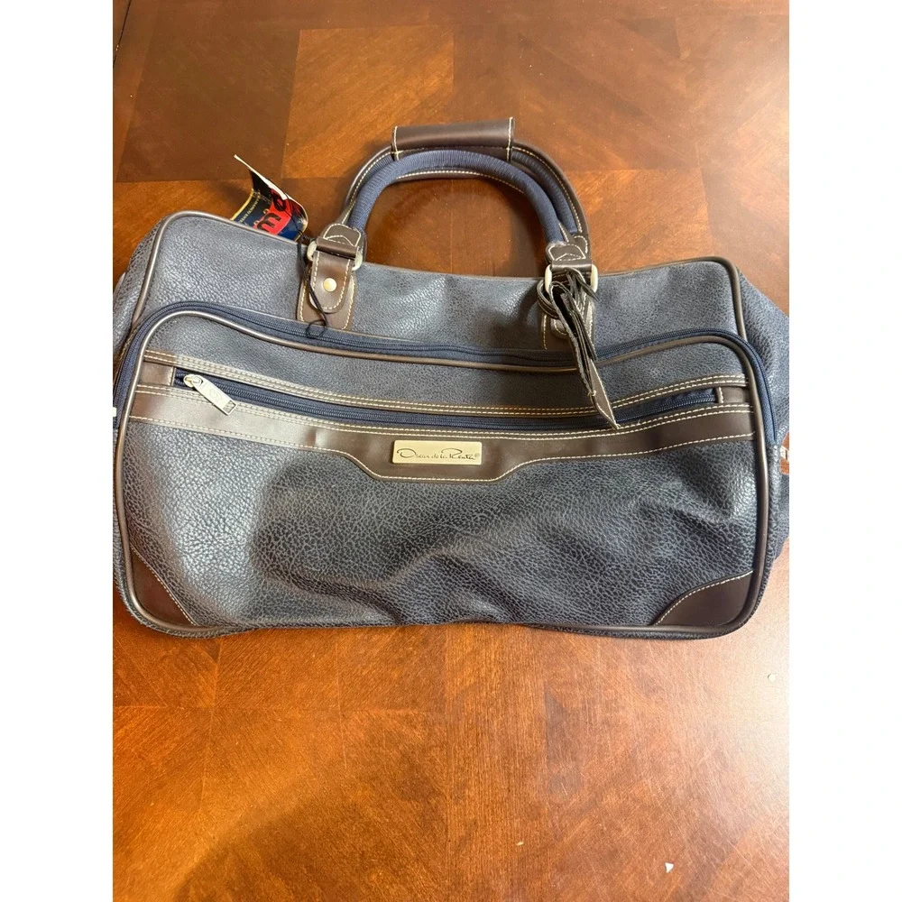 Vtg Oscar de la Renta Carry-On Bag Navy Pebble Suede 90s Weekender Duffel Brown