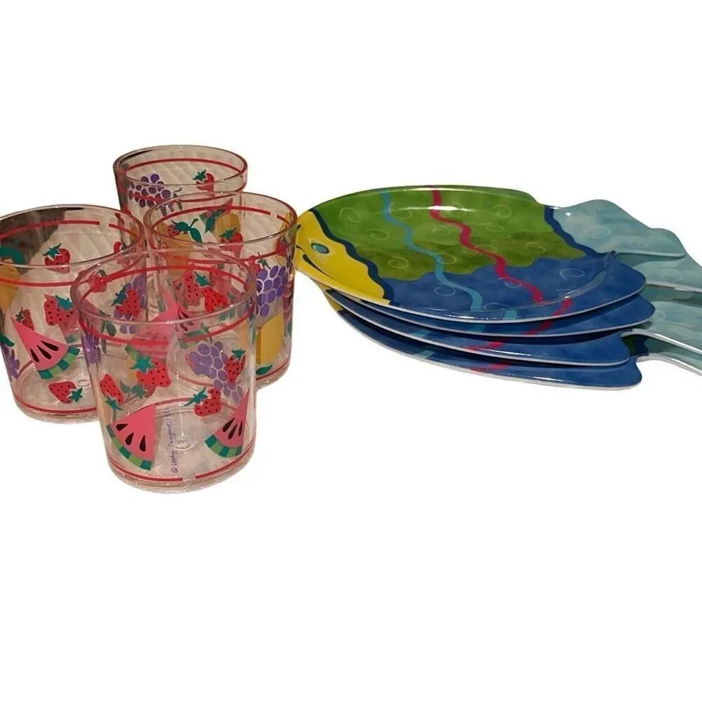 Multicolor Tropical Fish Glass Tumblers and Plates Set