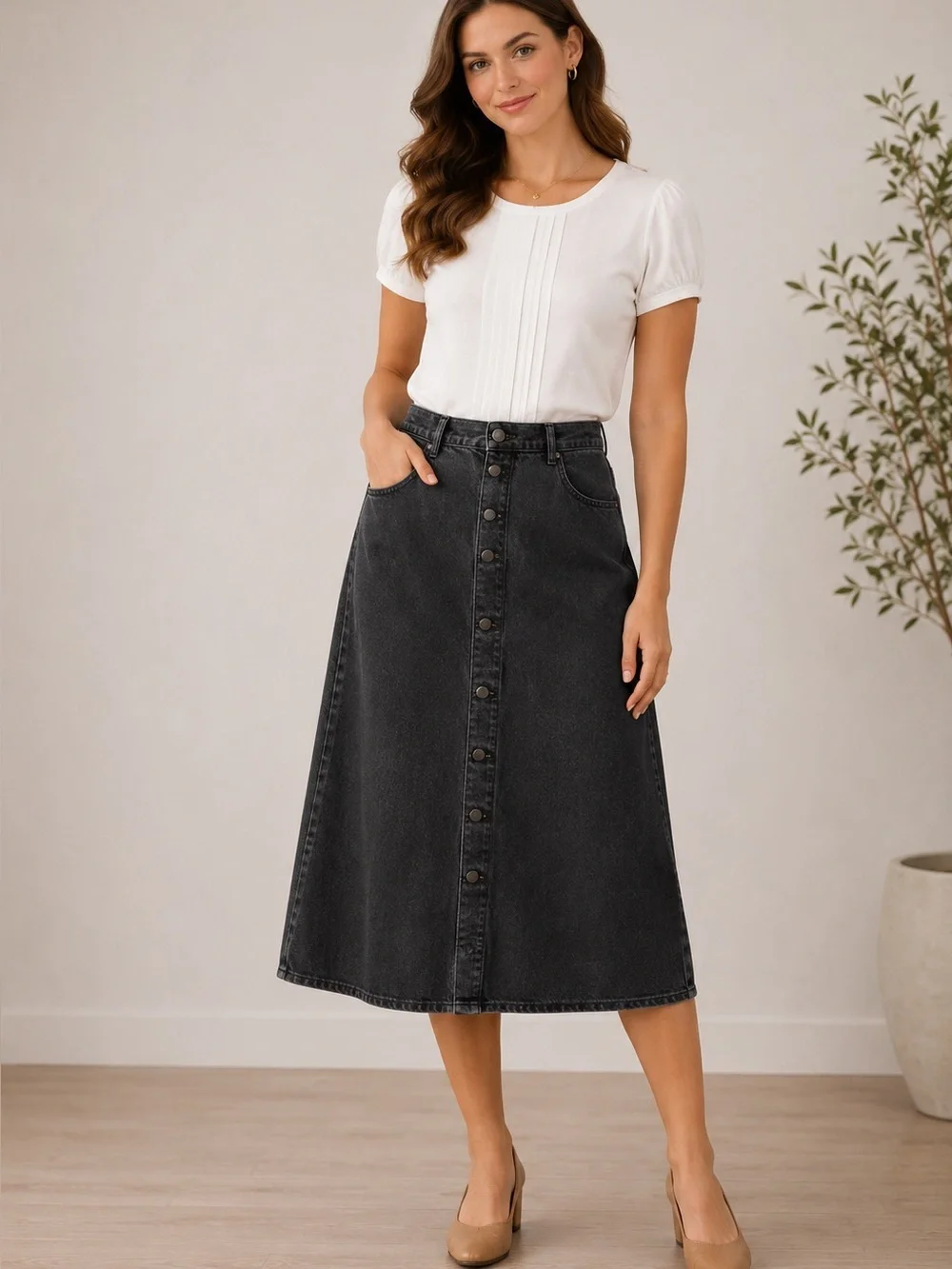 Black Denim Trad Wife Midi Skirt Button Front Country Modest Western Cowgirl