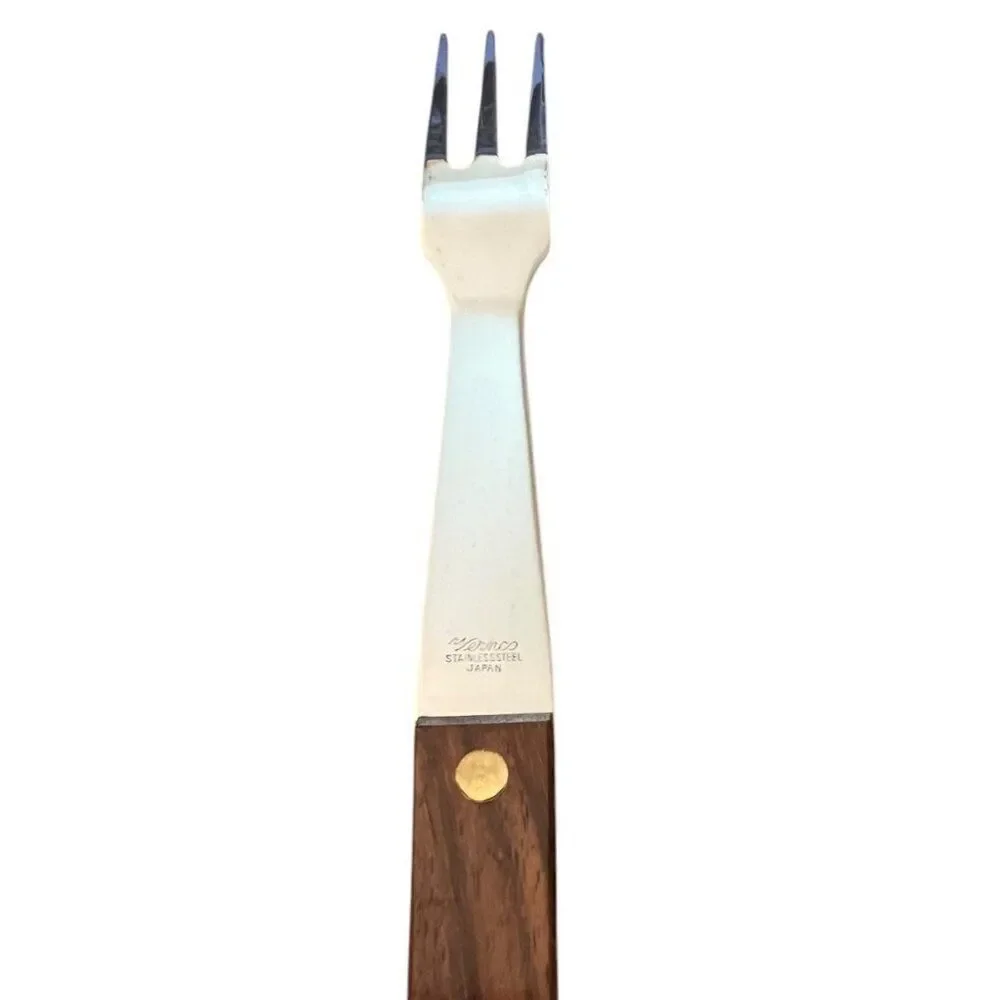 Vernco MCM Stainless Wood Handle Meat Carving Knife and Fork Set Boxed Vtg Japan