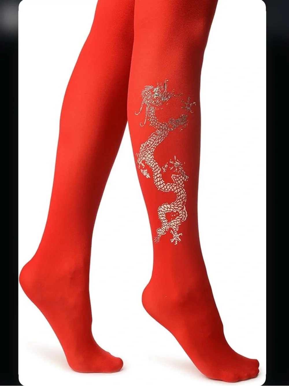 Music Legs Laser Dragon Red Tights Silver Foil Print One Size NIP