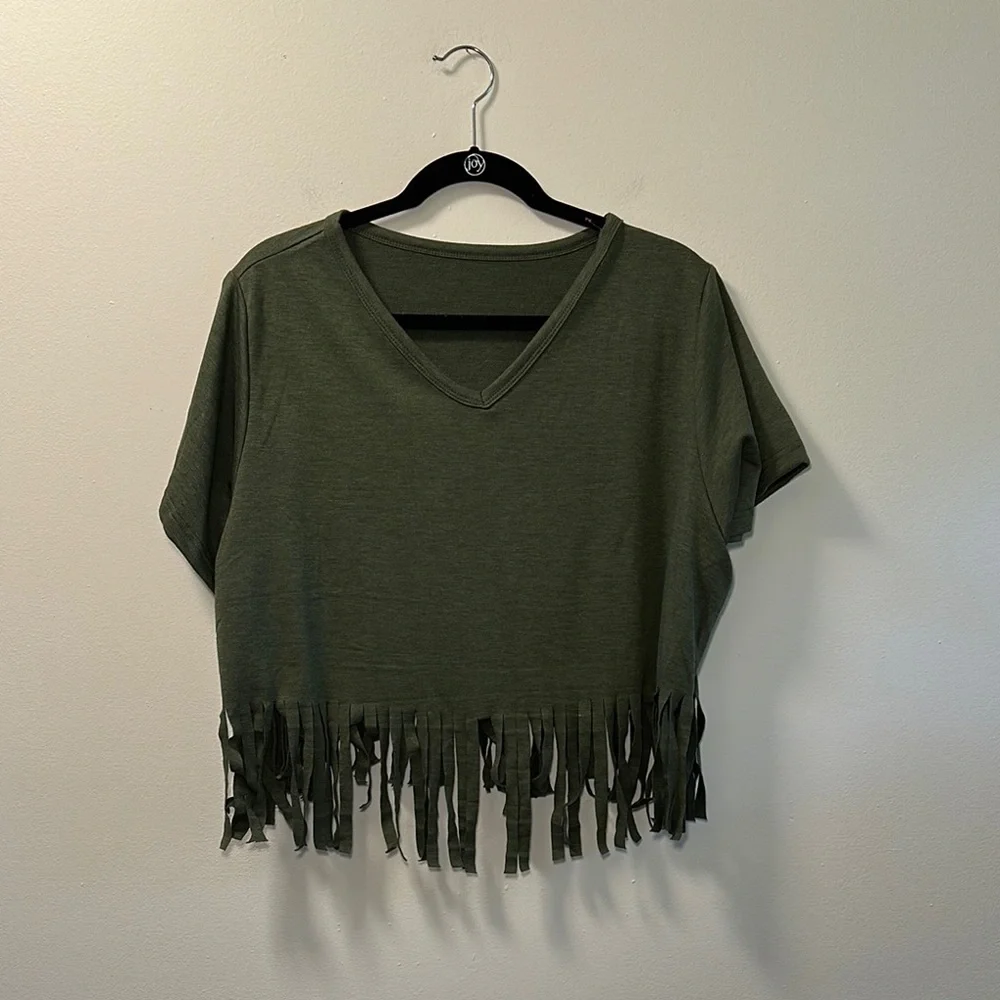 Women’s Olive Green Fringe Crop Top Size XL