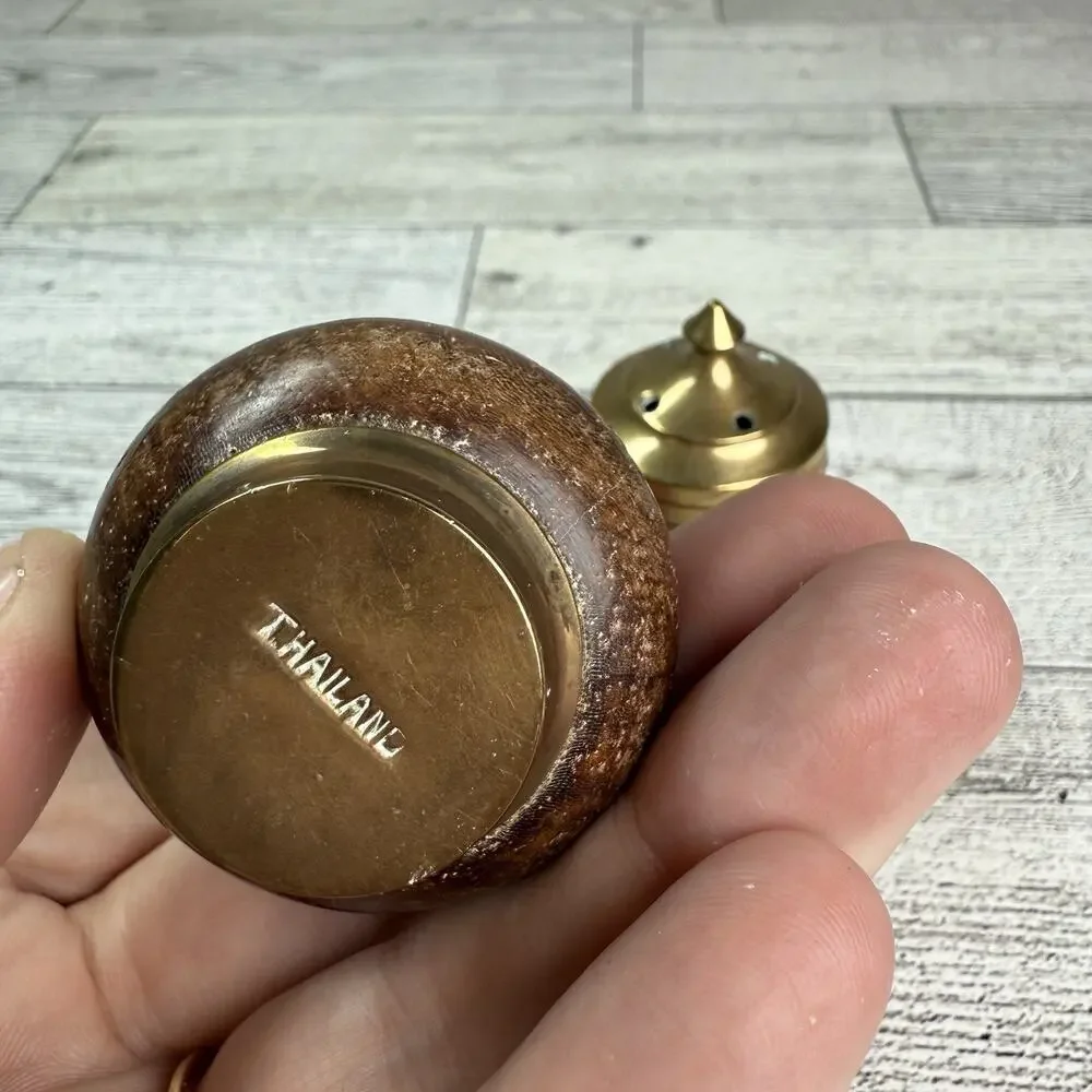 VINTAGE BRASS‎ & WOOD TABLE SALT AND PEPPER SHAKERS Small Size Taiwan Made
