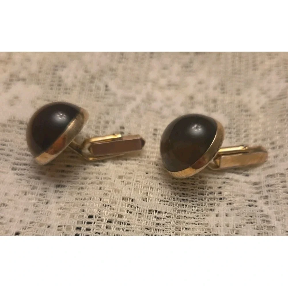 Swank Vintage Brown Cabochon Cufflinks Matching Tie Clip l