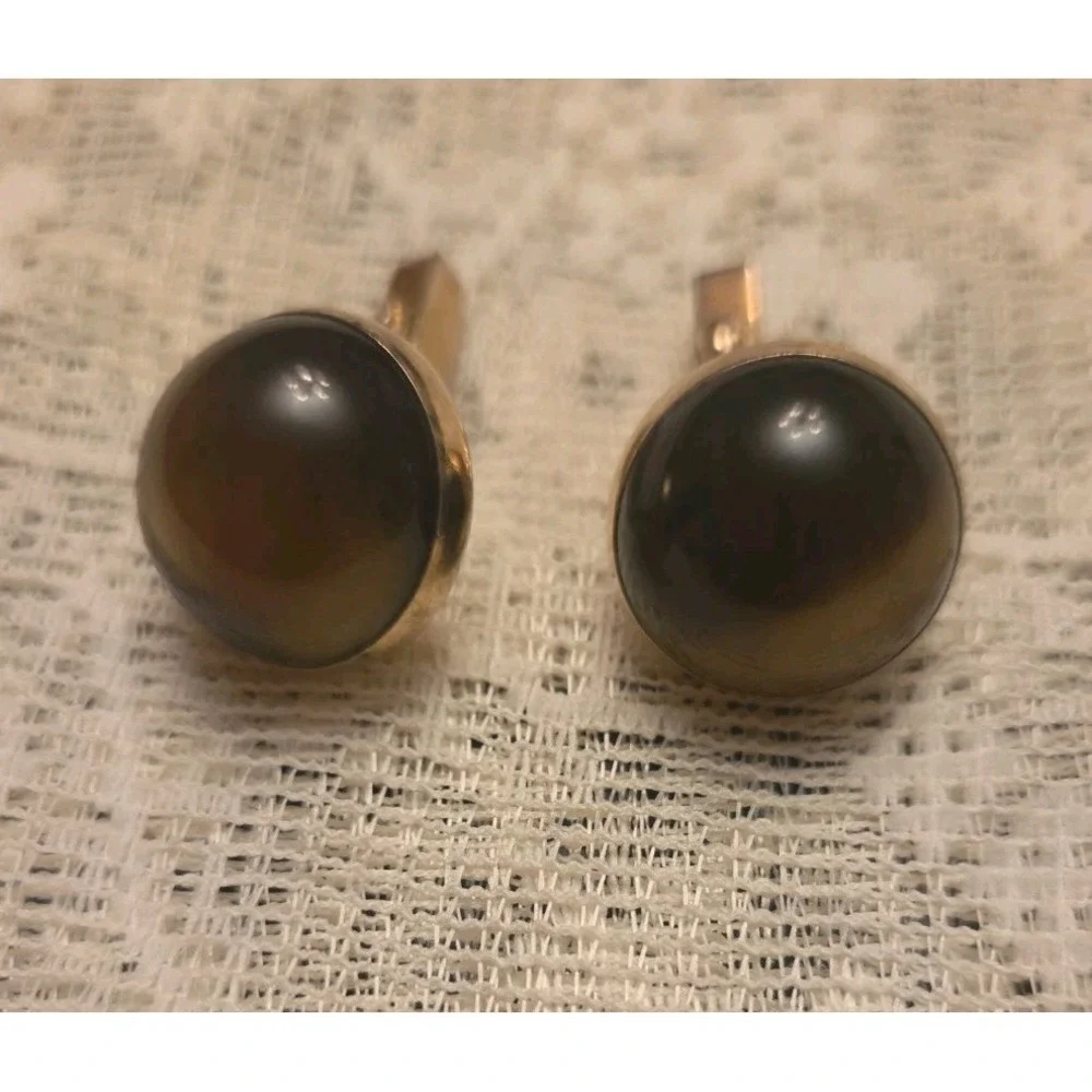 Swank Vintage Brown Cabochon Cufflinks Matching Tie Clip l
