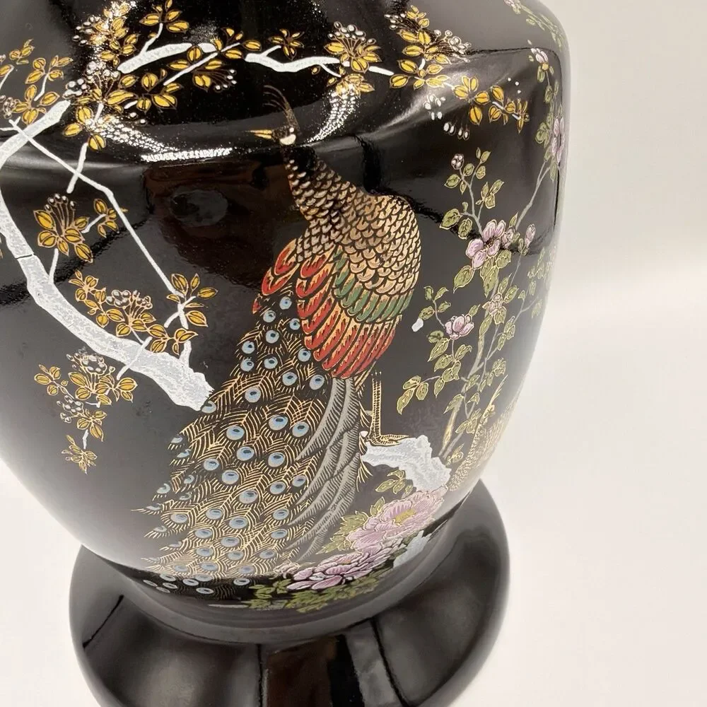 Vintage Japanese Black Peacock Floral Vase 11” Gold Trim Hand Decorated Japan
